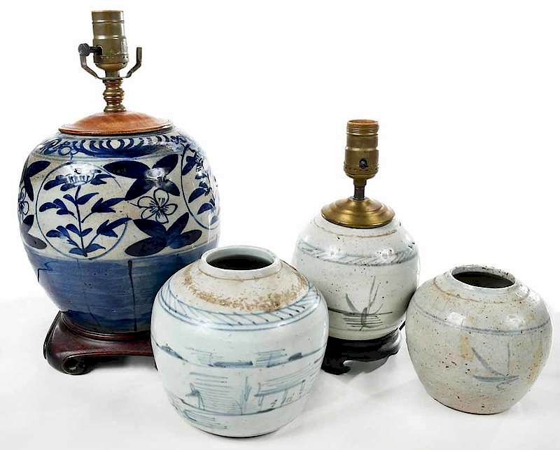 Appraisal: Four Blue and White Jars Two Fitted As Lamps Chinese