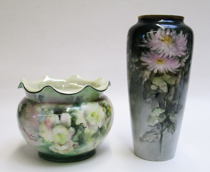 Appraisal: LIMOGES HAND PAINTED PORCELAIN VASE AND JARDINIERE The vase by