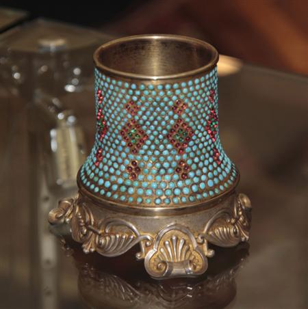 Appraisal: A Russian silver-gilt turquoise set vase holder Possibly Moscow -