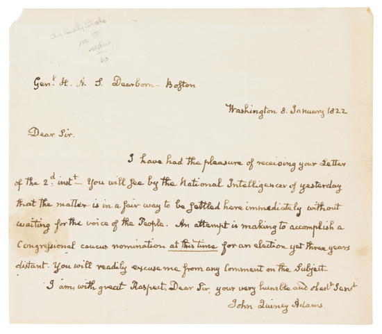 Appraisal: ADAMS JOHN QUINCY Brief Autograph Letter Signed as Secretary of