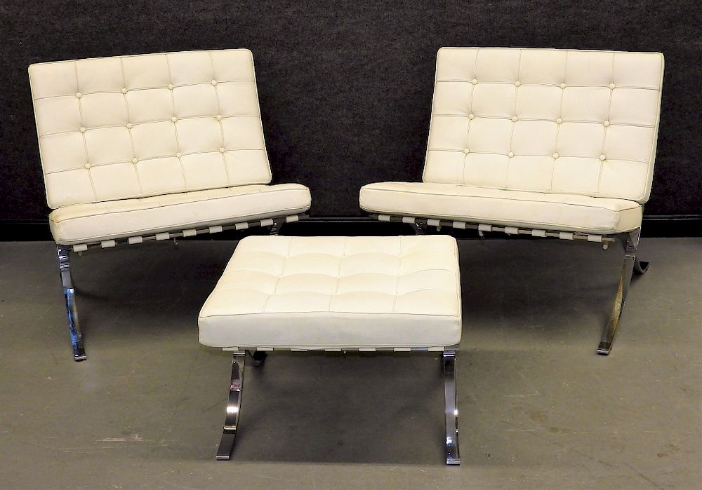 Appraisal: Mies van der Rohe White Barcelona Chairs Stool Italy Contemporary