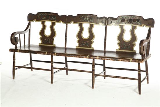 Appraisal: DECORATED SETTLE BENCH American mid th century Splayed turned legs