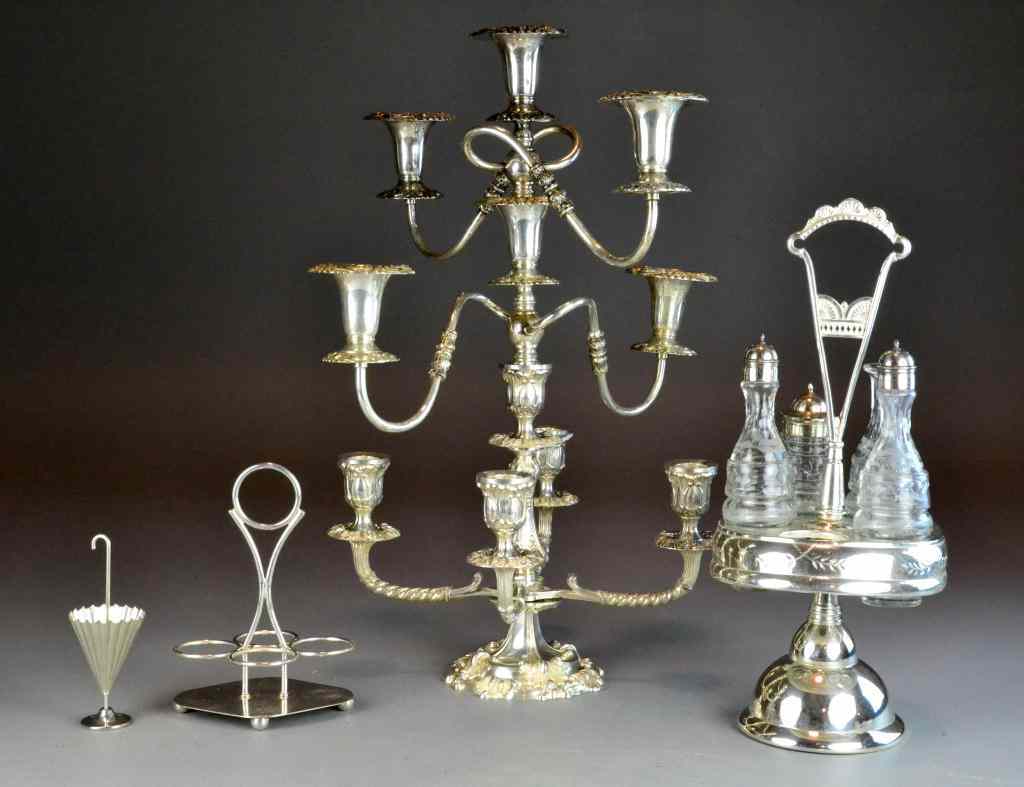 Appraisal: English Silver Plate Cruet Set Candlabra PartsTo include a footed