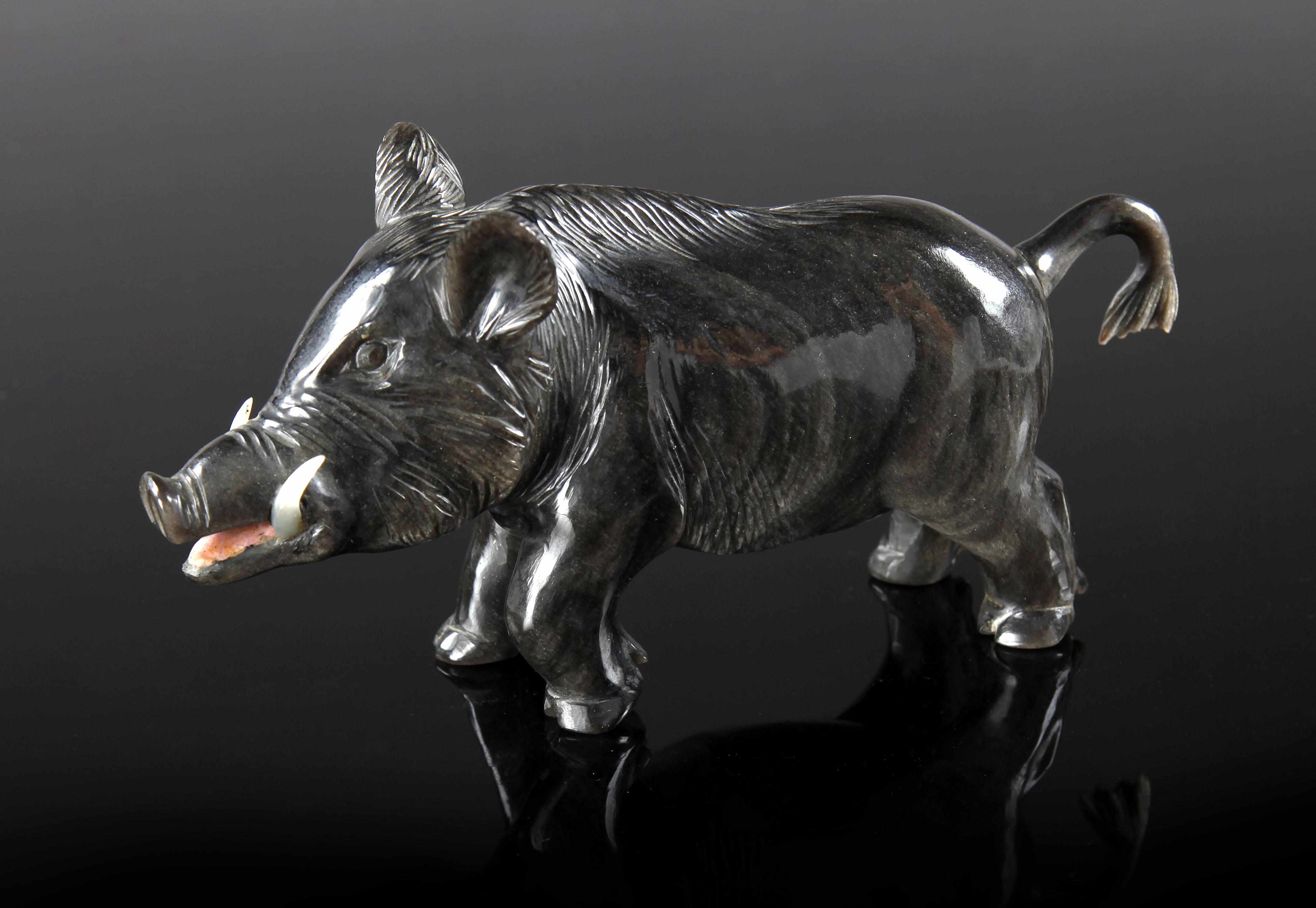 Appraisal: Carved Obsidian Boar Idar-Oberstein GermanyThe sheen of Russian obsidian was