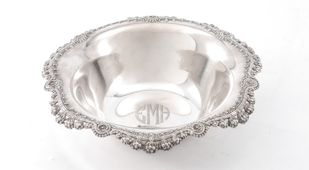 Appraisal: TIFFANY CO RETICULATED CENTER BOWL Pierced foliate reticulated rim monogrammed