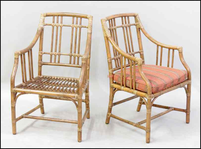 Appraisal: SET OF SIX MCGUIRE RATTAN ARM CHAIRS With removeable cushions