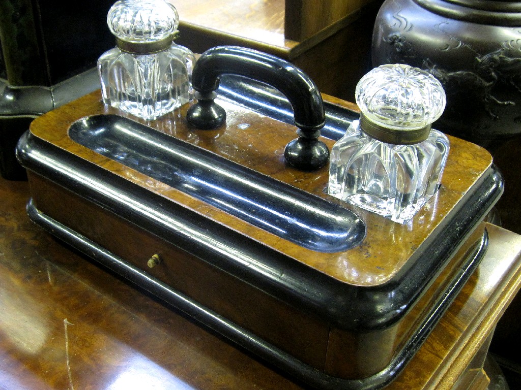 Appraisal: Walnut and ebonised inkstand