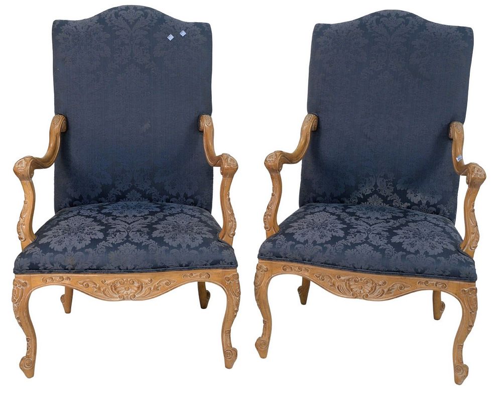 Appraisal: Pair of French-Style Armchairs with blue upholstery Pair of French-Style