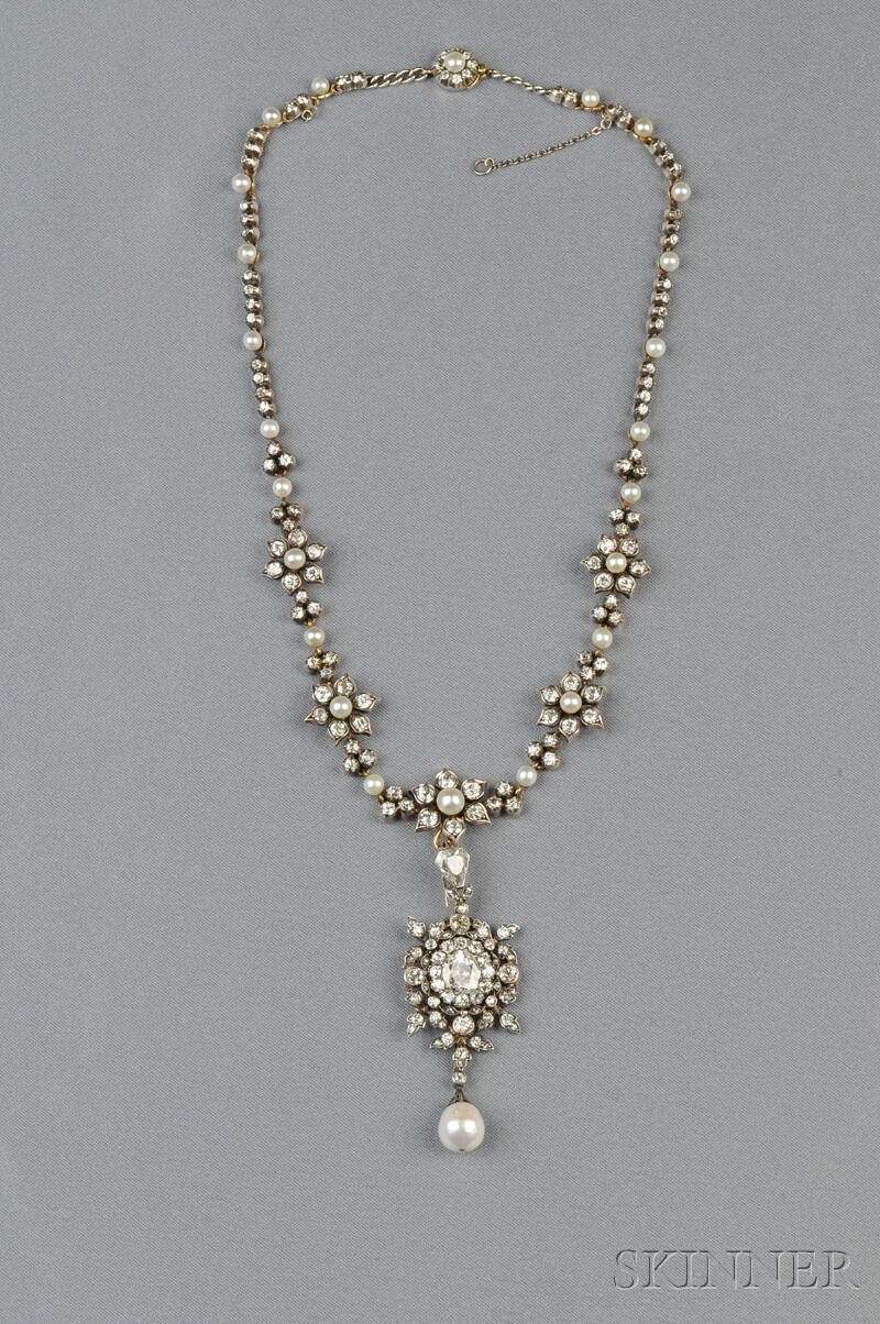 Appraisal: Fine Antique Pearl and Diamond Pendant Necklace the pendant centering