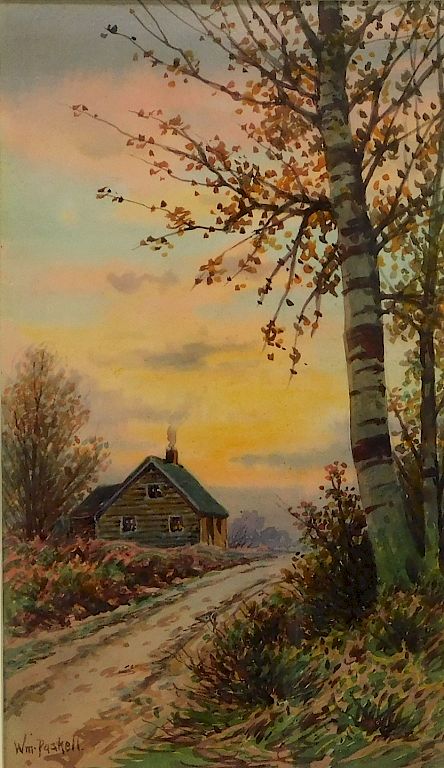 Appraisal: William Paskell Autumn Cabin Landscape Painting William Paskell Massachusetts -