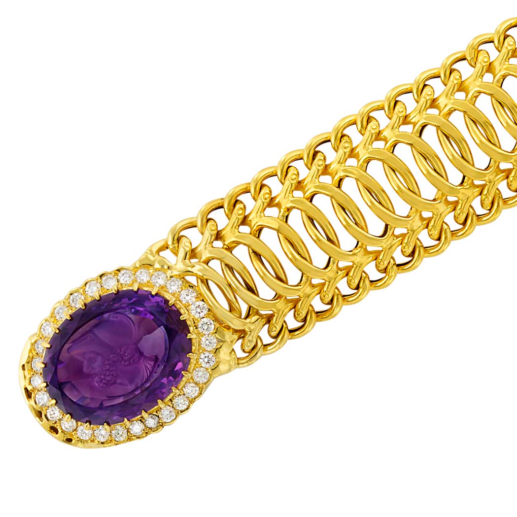 Appraisal: Gold Carved Amethyst and Diamond Bracelet kt one oval carved