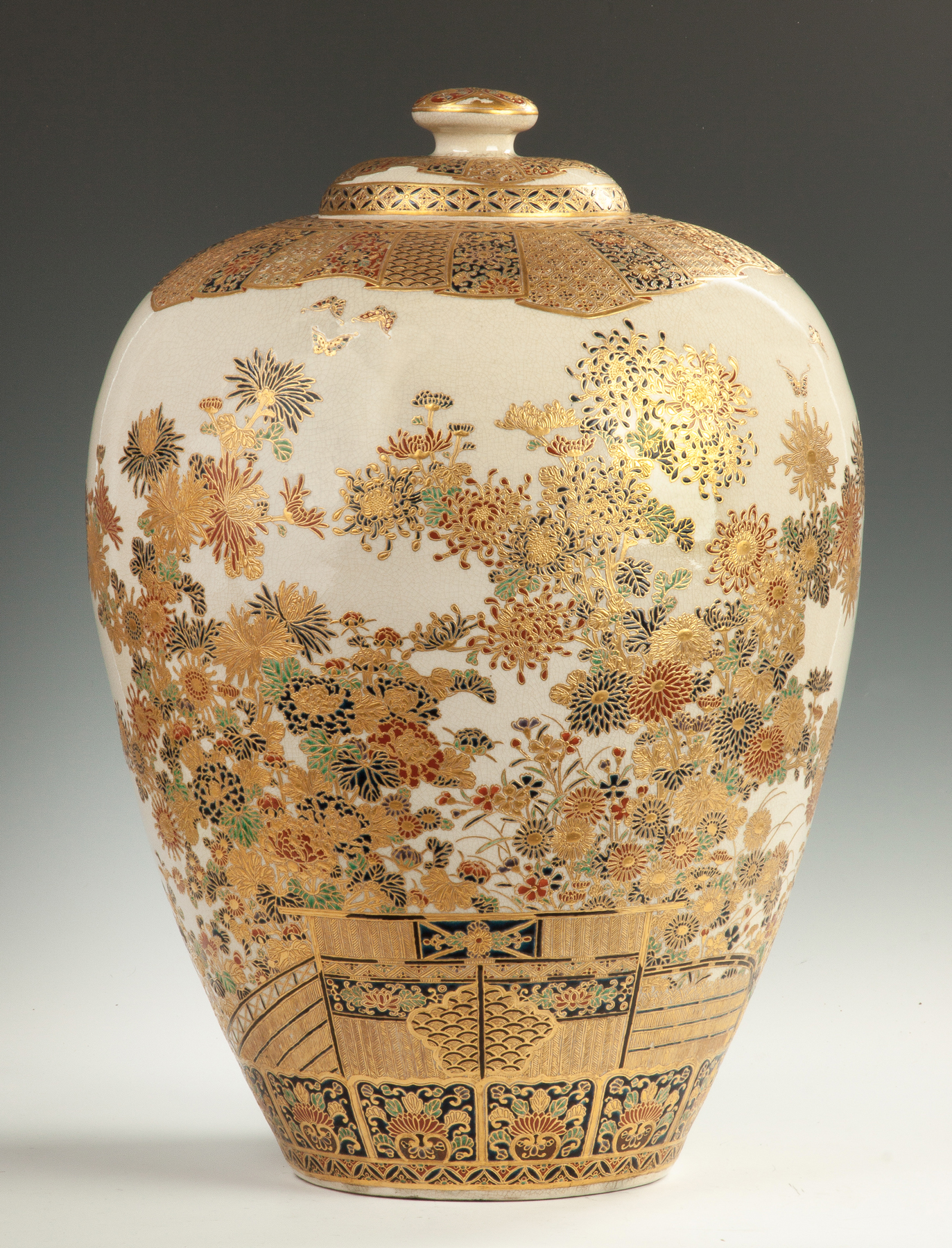 Appraisal: Monumental Satsuma Covered Jar C Signed Hand painted chrysanthemums butterflies