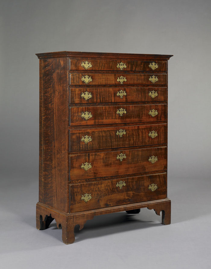 Appraisal: IMPORTANT NEW ENGLAND CHIPPENDALE TIGER-MAPLE TALL CHEST OF DRAWERS The