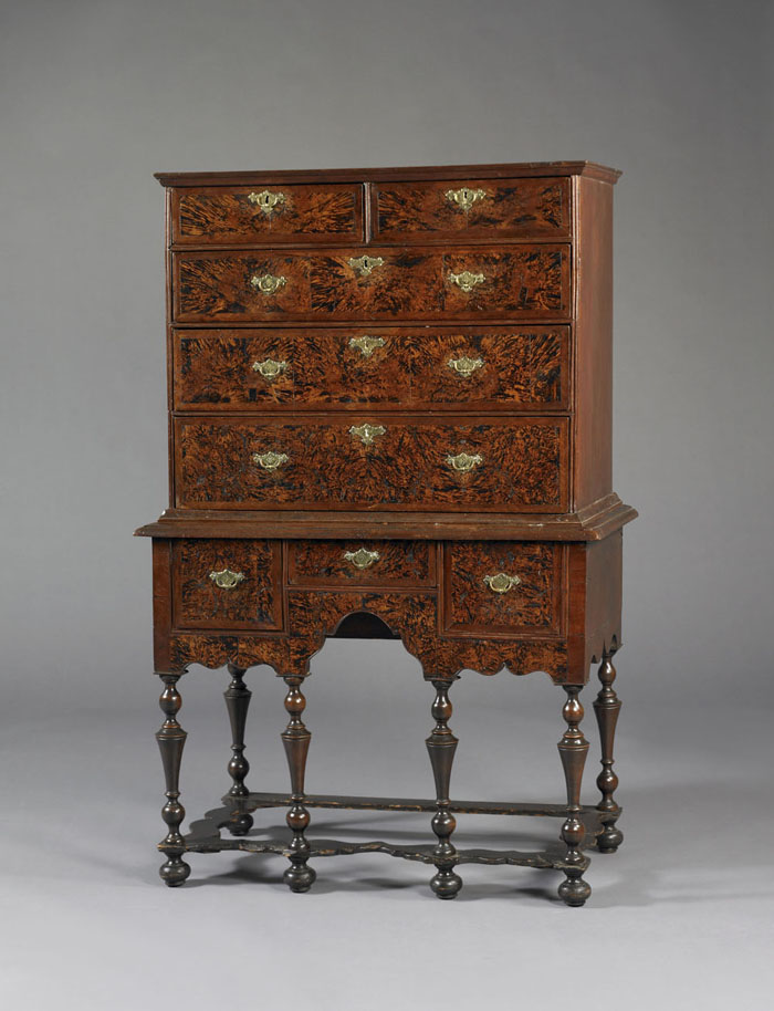 Appraisal: FINE MASSACHUSETTS WILLIAM AND MARY BURL WALNUT VENEERED HIGHBOY In