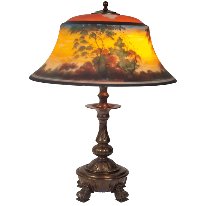 Appraisal: Pairpoint lamp acid-etched shade with reverse-painted landscape design on a