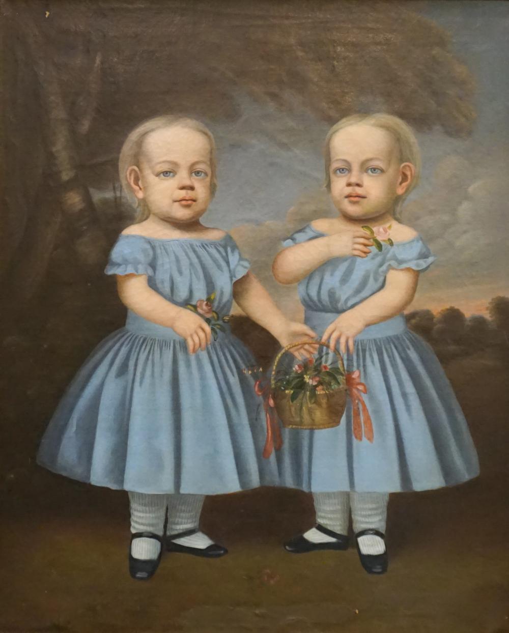 Appraisal: American School th Century Portrait of Twins Holding Basket of