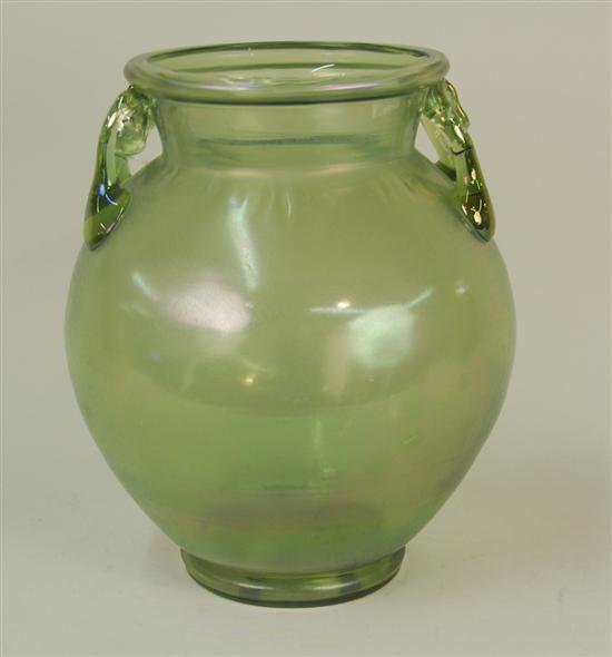 Appraisal: GREEN IRRIDESCENT GLASS TWO HANDLED VASE possibly Steuben height inches