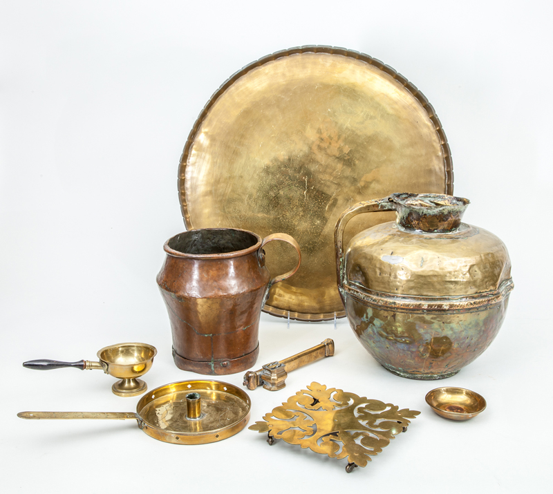 Appraisal: GROUP OF SEVEN BRASS ARTICLES AND A COPPER PITCHER Comprising