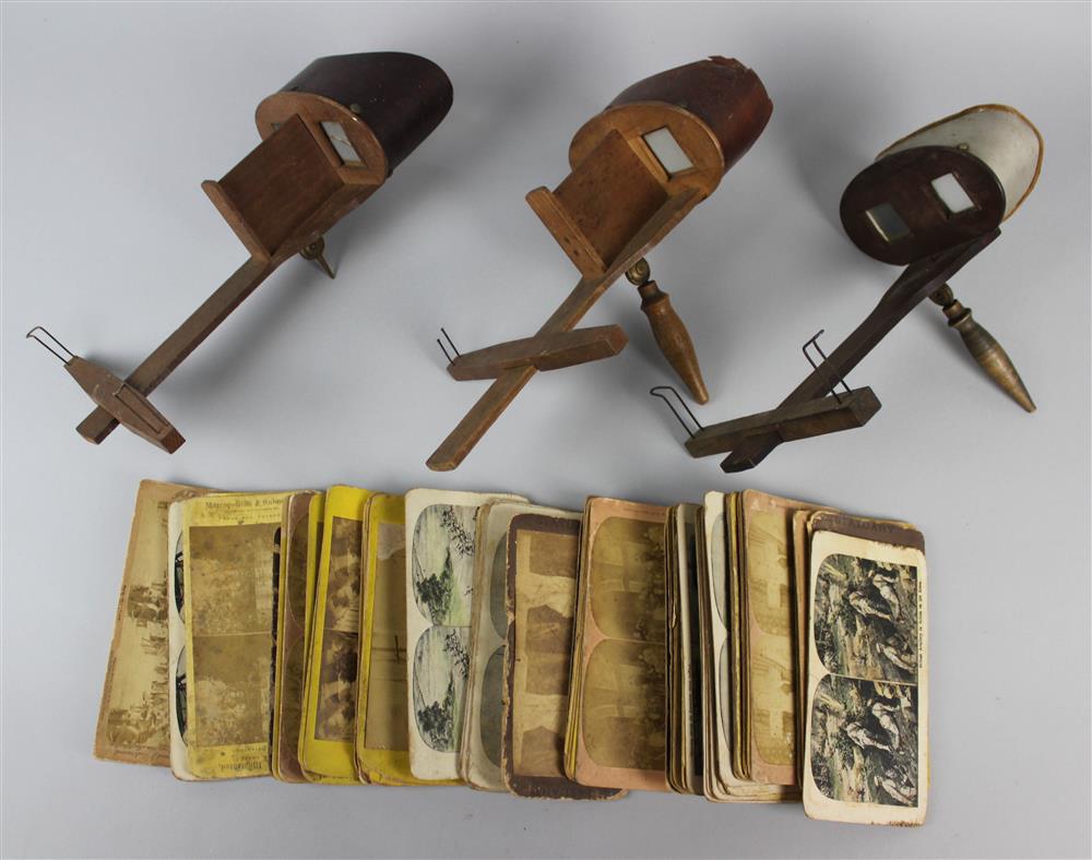 Appraisal: THREE WOOD STEREOSCOPES AND APPROXIMATELY CARDS one viewer marked The