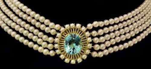 Appraisal: An ct gold mounted aquamarine and pearl set five strand