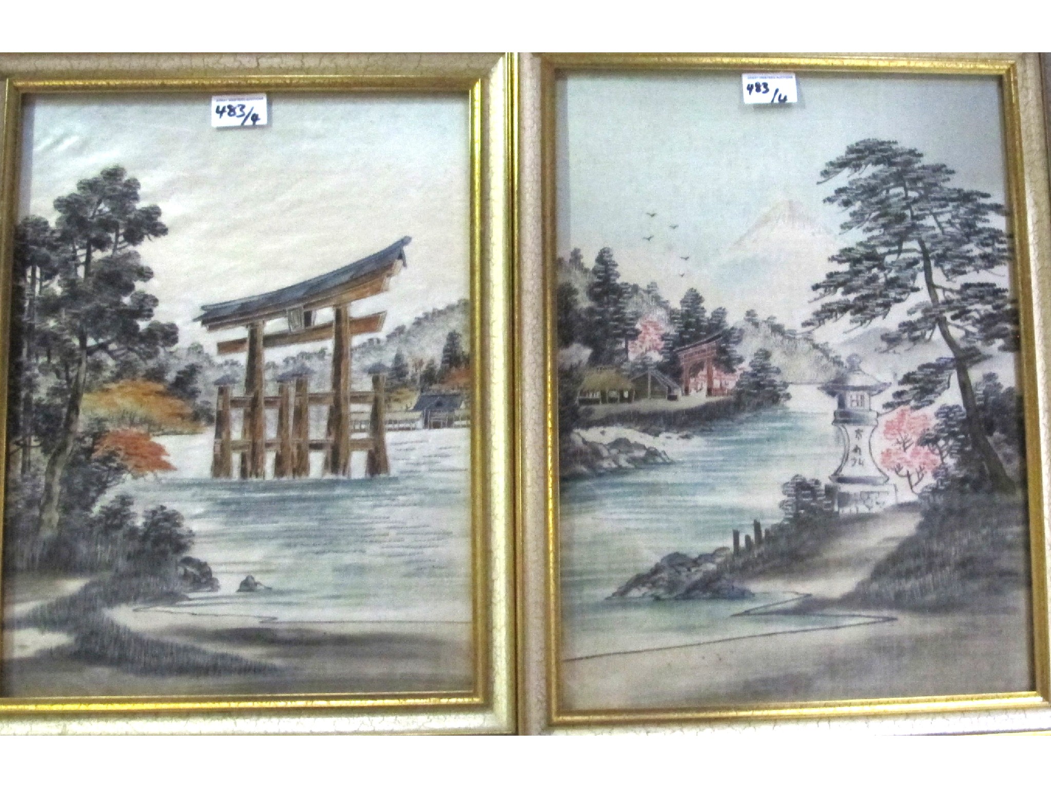 Appraisal: JAPANESE SCHOOL Views of Japanese Villages and countryside silk embroidery