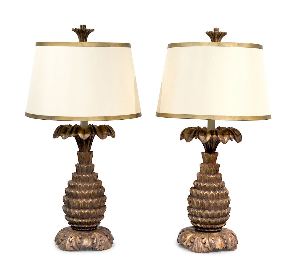 Appraisal: A Pair of Giltwood Pineapple Lamps A Pair of Giltwood