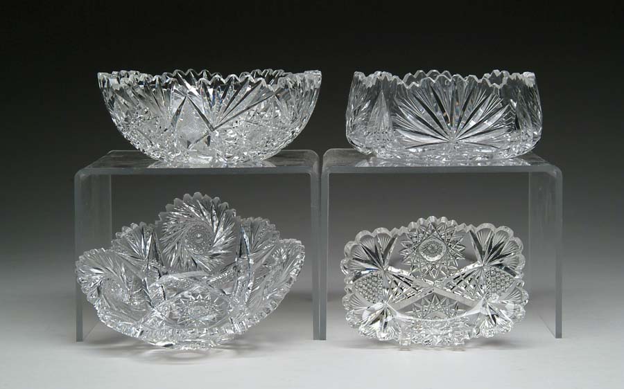 Appraisal: FOUR CUT GLASS BOWLS Cut in hobstar and feathered fan