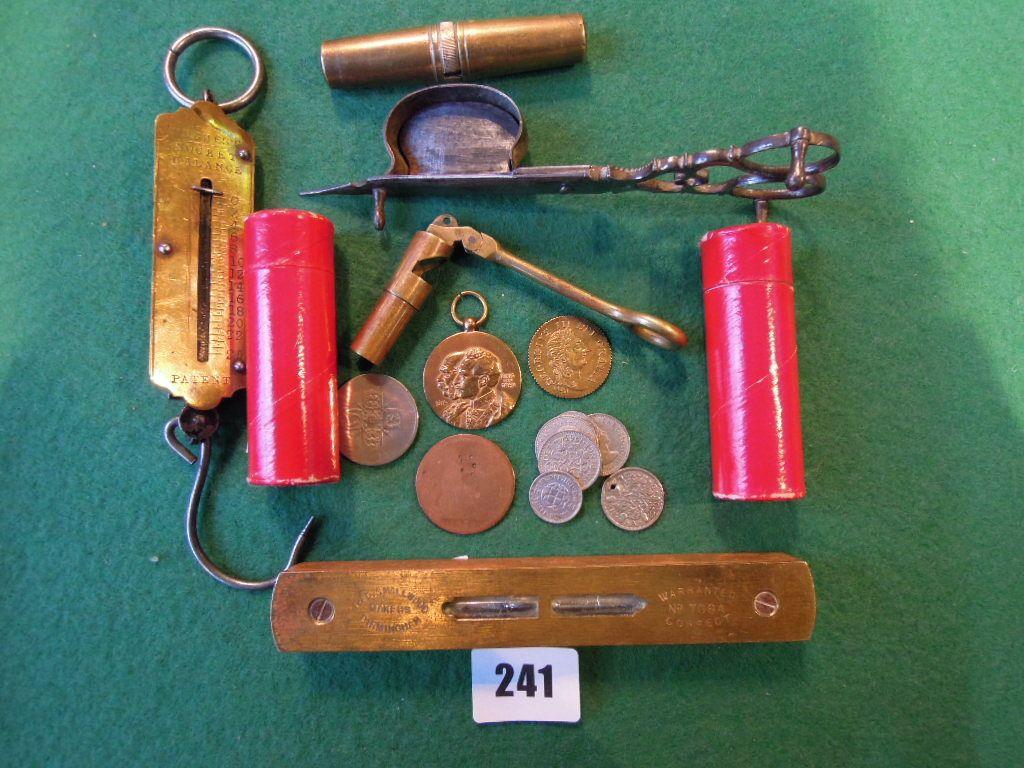 Appraisal: Fifty proof d pieces Spade Guinea gaming token brass balance