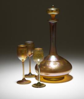 Appraisal: L C Tiffany Favrile decanter and cordial stems Each cordial