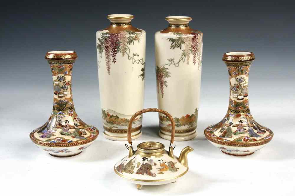 Appraisal: PCS SATSUMA POTTERY - Including a Pair of Bottle Vases