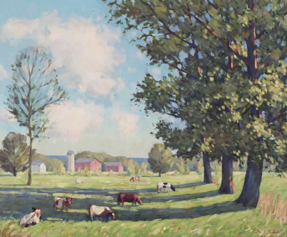 Appraisal: ABRAHAM JOHN SCHRAM AMERICAN - DAIRY FARM Oil on canvas