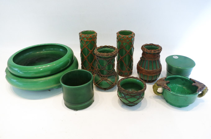 Appraisal: TEN PIECES OF JAPANESE AWAJI STYLE GREEN POTTERY consisting of