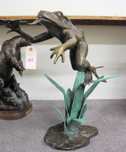 Appraisal: BRONZE WILDLIFE GARDEN FOUNTAIN SCULPTURE a frog with dragonfly on