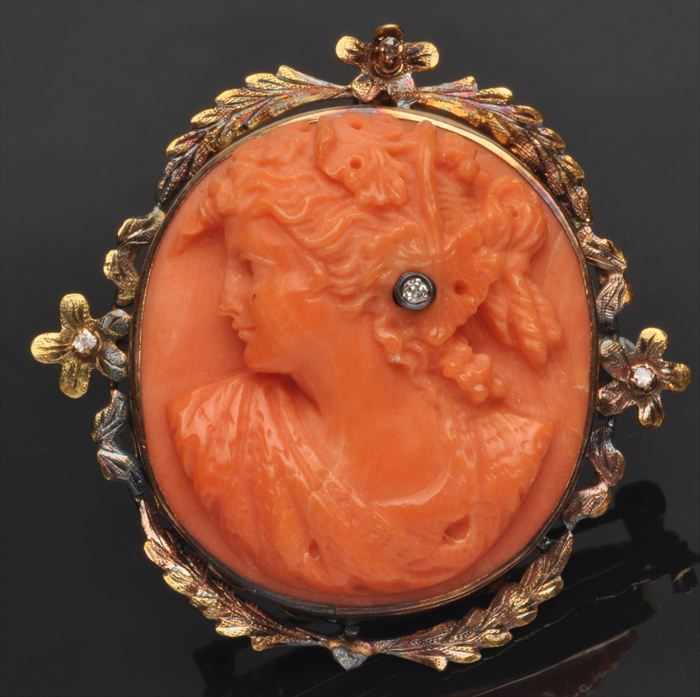 Appraisal: CARVED CORAL CAMEO BROOCH Unmarked approx x in