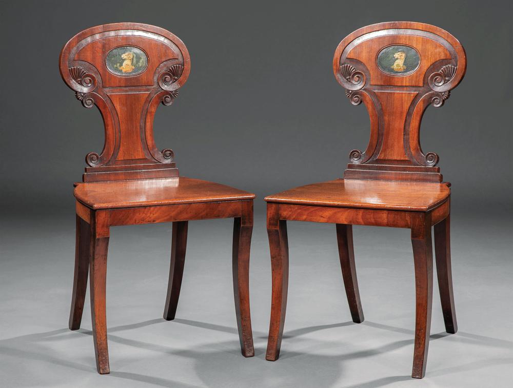 Appraisal: Pair of George III Mahogany Armorial Hall Chairs early th