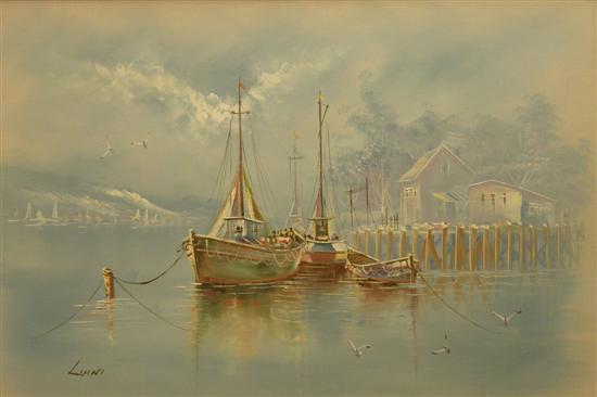 Appraisal: Luni oil on canvas moored ships signed h w in