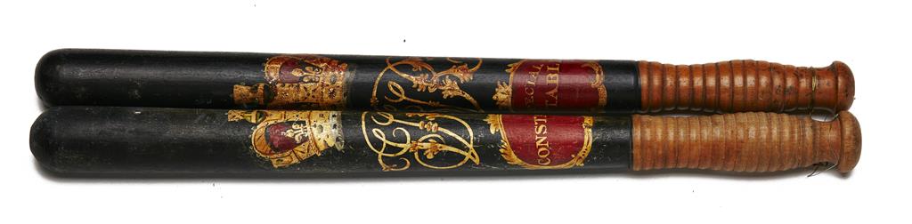 Appraisal: TWO TRUNCHEONS WITH GILT VR CYPHER SURMOUNTED BY ROYAL CROWN