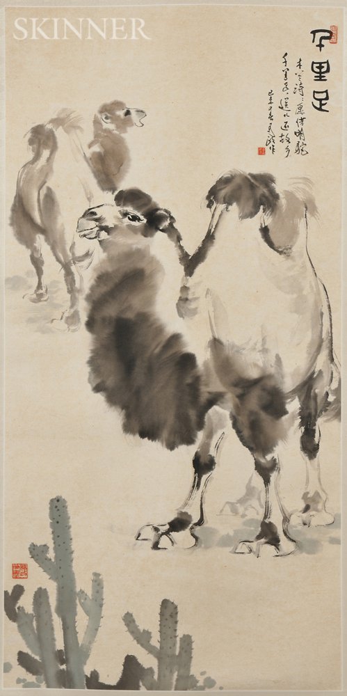 Appraisal: Hanging Scroll Depicting Two Camels China in the manner of