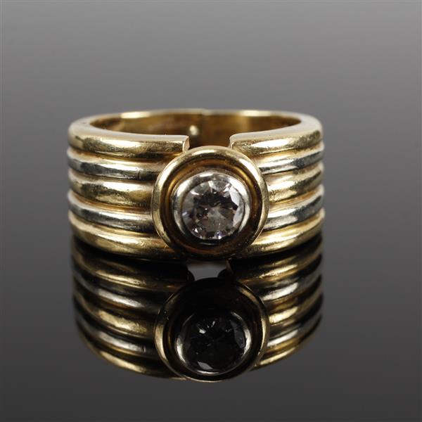 Appraisal: Yellow White Gold Solitaire Diamond Custom Estate Ribbed Ring Band