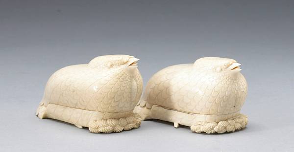 Appraisal: A pair of ivory quail-form boxes The feathery pair each