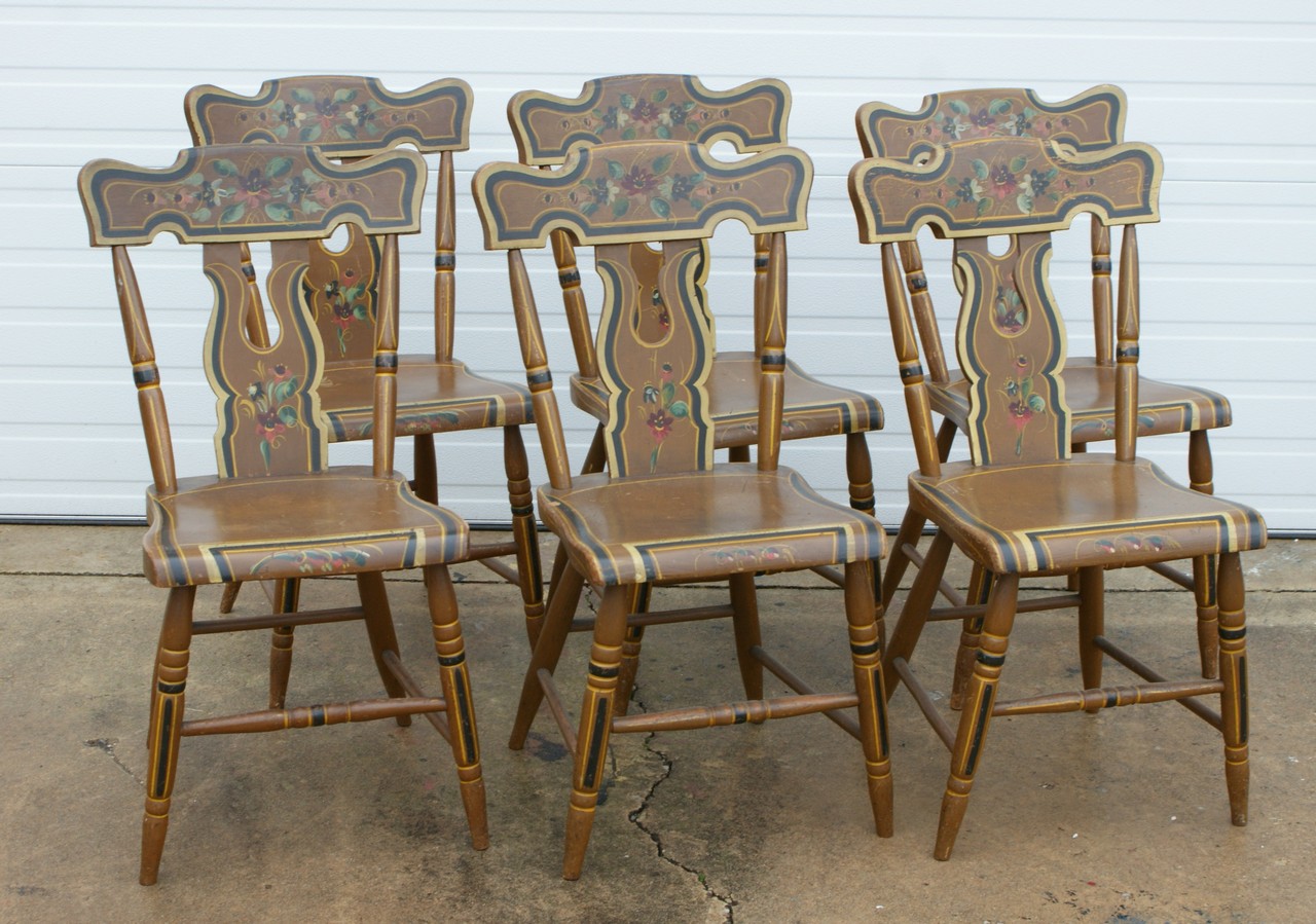 Appraisal: paint decorated bootjack plank seat chairs mid th c