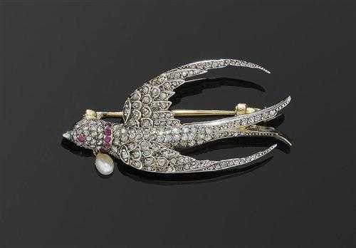 Appraisal: DIAMOND RUBY AND PEARL BROOCH ca Silver over red gold