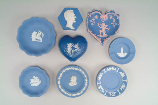 Appraisal: EIGHT PIECES OF JASPERWARE Mostly blue and white Includes -