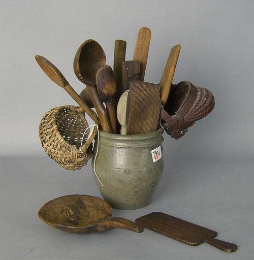 Appraisal: Stoneware crock with a group of wooden utensils together with