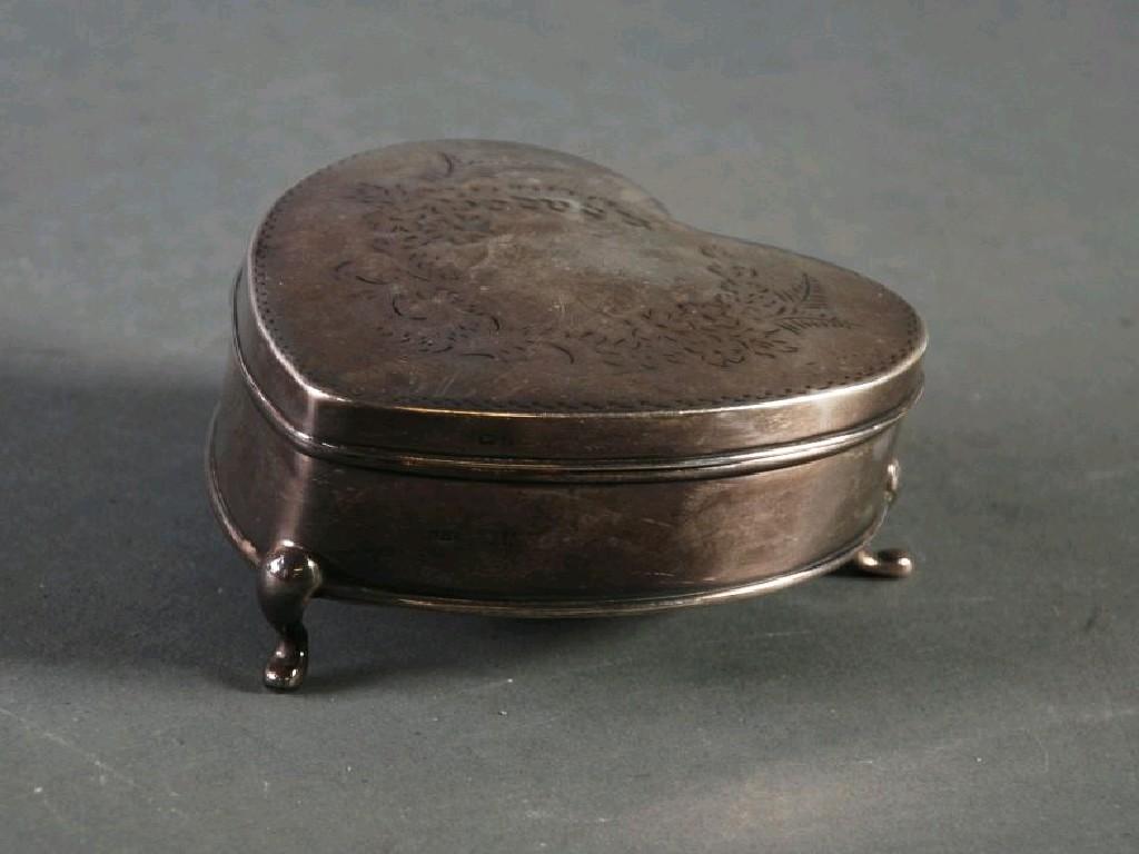 Appraisal: GEORGE V SILVER HEART SHAPED TRINKET BOX with floral engraved