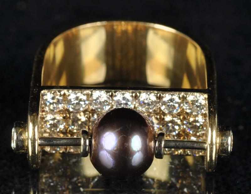 Appraisal: K Y Gold Diamond Black Pearl Ring Description Pearl swings