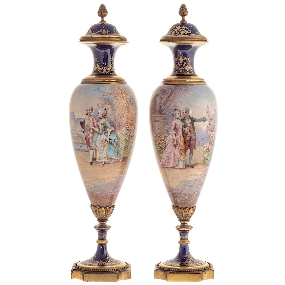 Appraisal: Pair Sevres Gilt Metal Mounted Urns mid th century three