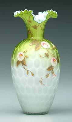 Appraisal: Mother-of-pearl decorated vase ruffled rim yellow green to pearl raindrop