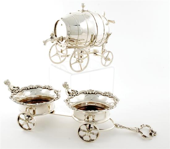 Appraisal: English silverplate wine trolley and decanter double coasters on trolley