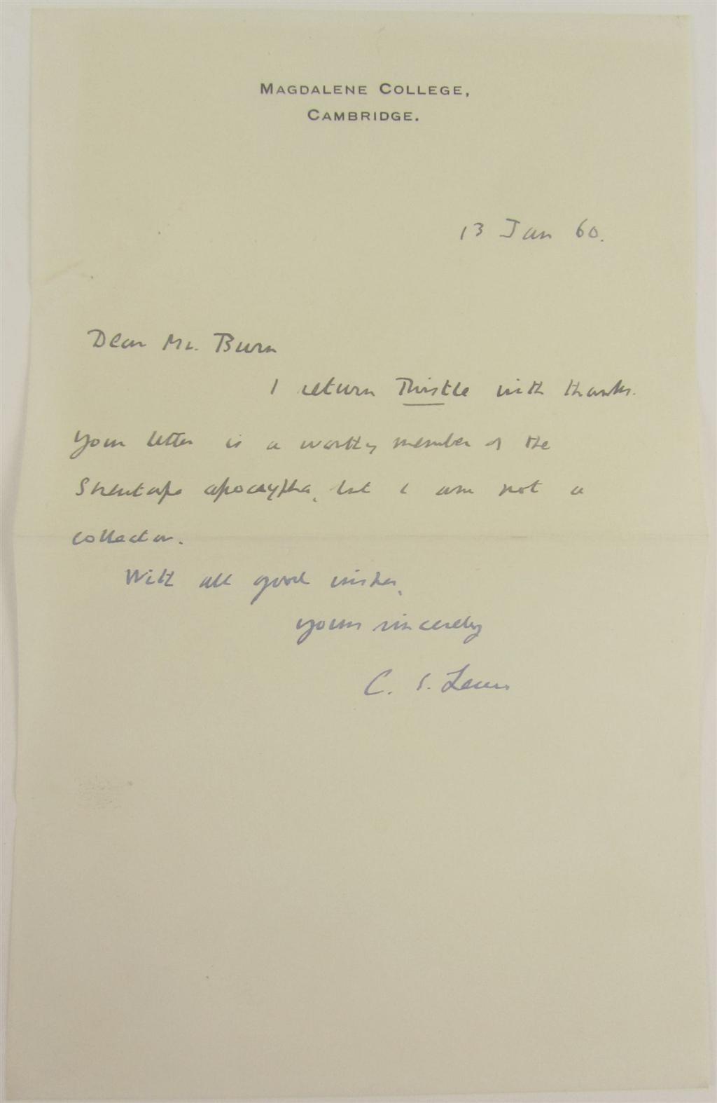 Appraisal: Lewis Clive Staples ALS from C S Lewis to Mr